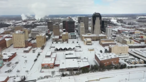 Snow covered skyline of downtown Shreveport during the 2021 winter storm disaster.